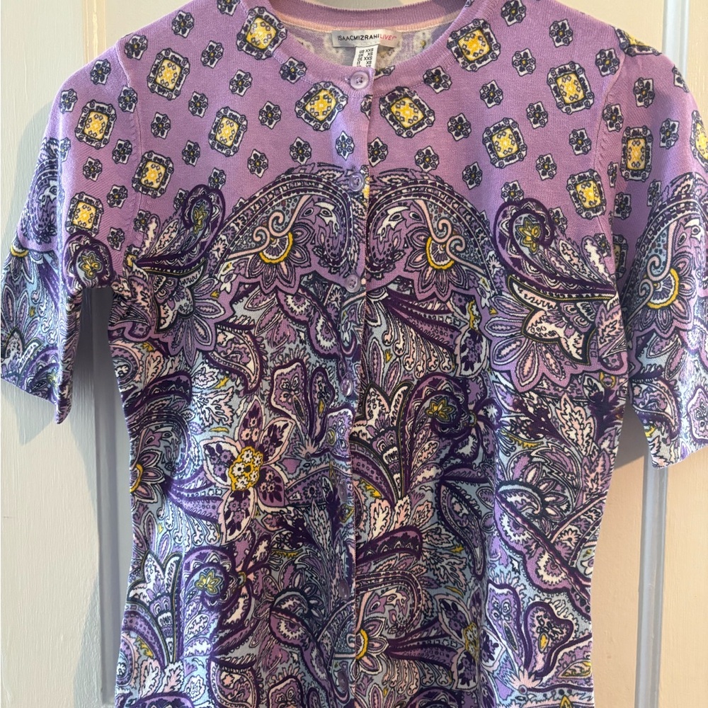 Isaac Mizrahi Purple and Yellow Paisley Short Sleeve Top